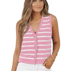 LILLUSORY Striped Sweater Vest Top Size Medium Pink Button front Sleeveless